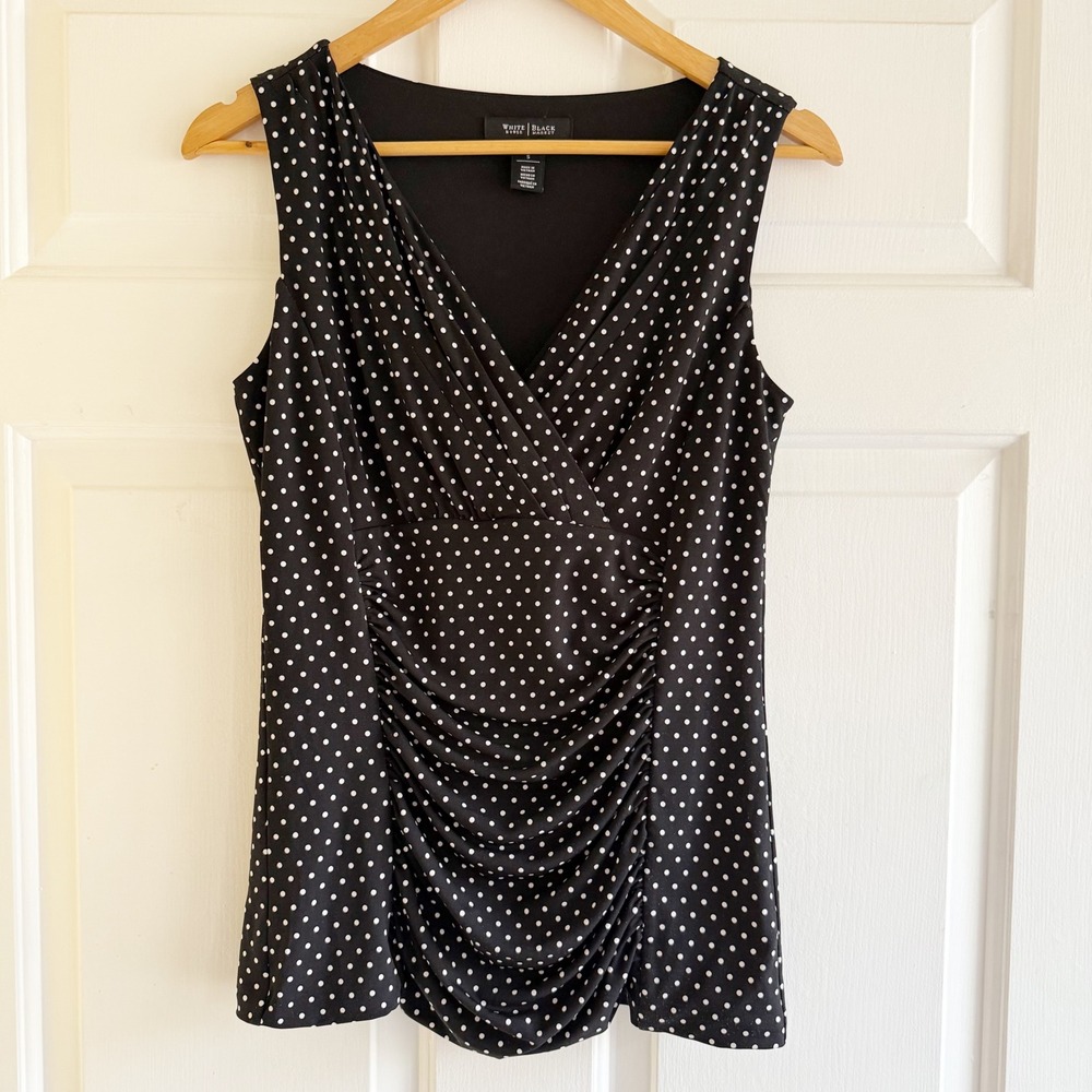 WHBM Y2K Black Polka Dot Ruched V Neck Sleeveless Womens Top Size S
